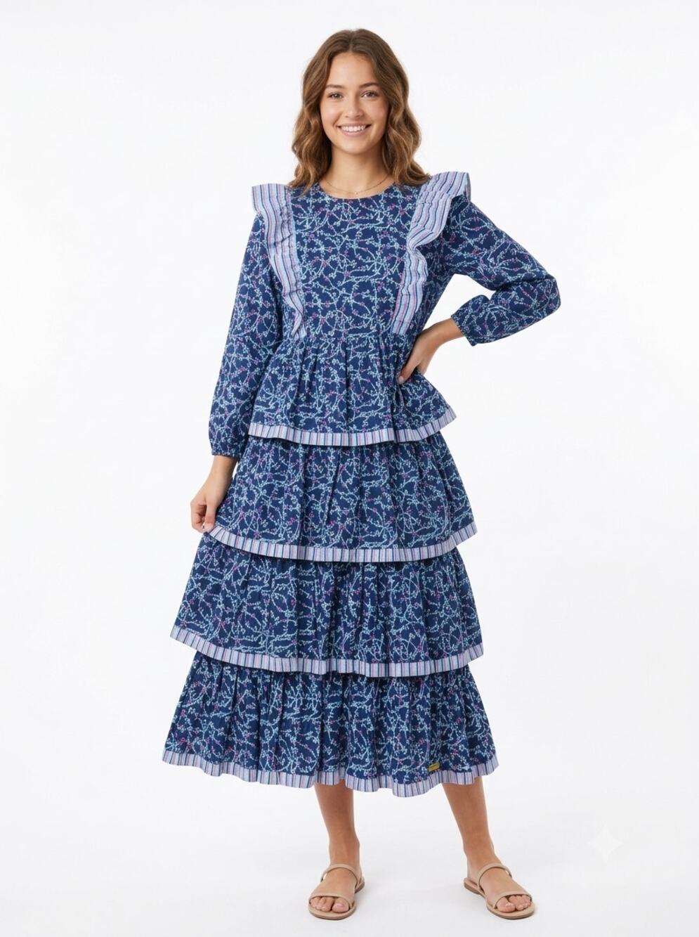 NWT Simply Southern Maxi Dress Women's XL Blue Bow Tiered Ruffle Long Sleeve